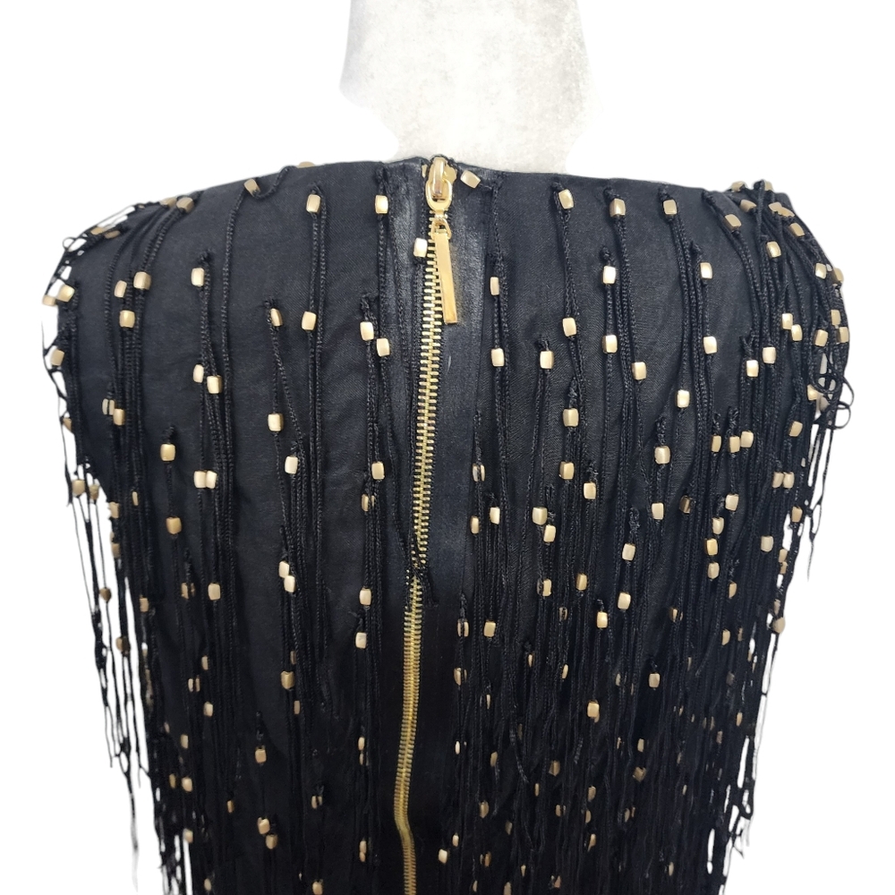 NEW Bagley Mischka Collection Silk Gold Bead Fringe Sleeveless Flapper Dress - Picture 7 of 12